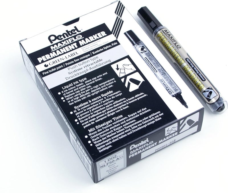 Pentel ماركر دائم بحبر سائل من بنتل بقطر 4.5 مم مع نظام إحياء زر الضغط - أسود (عبوة من 12 قلم) - عبوة من 05 - Image 1